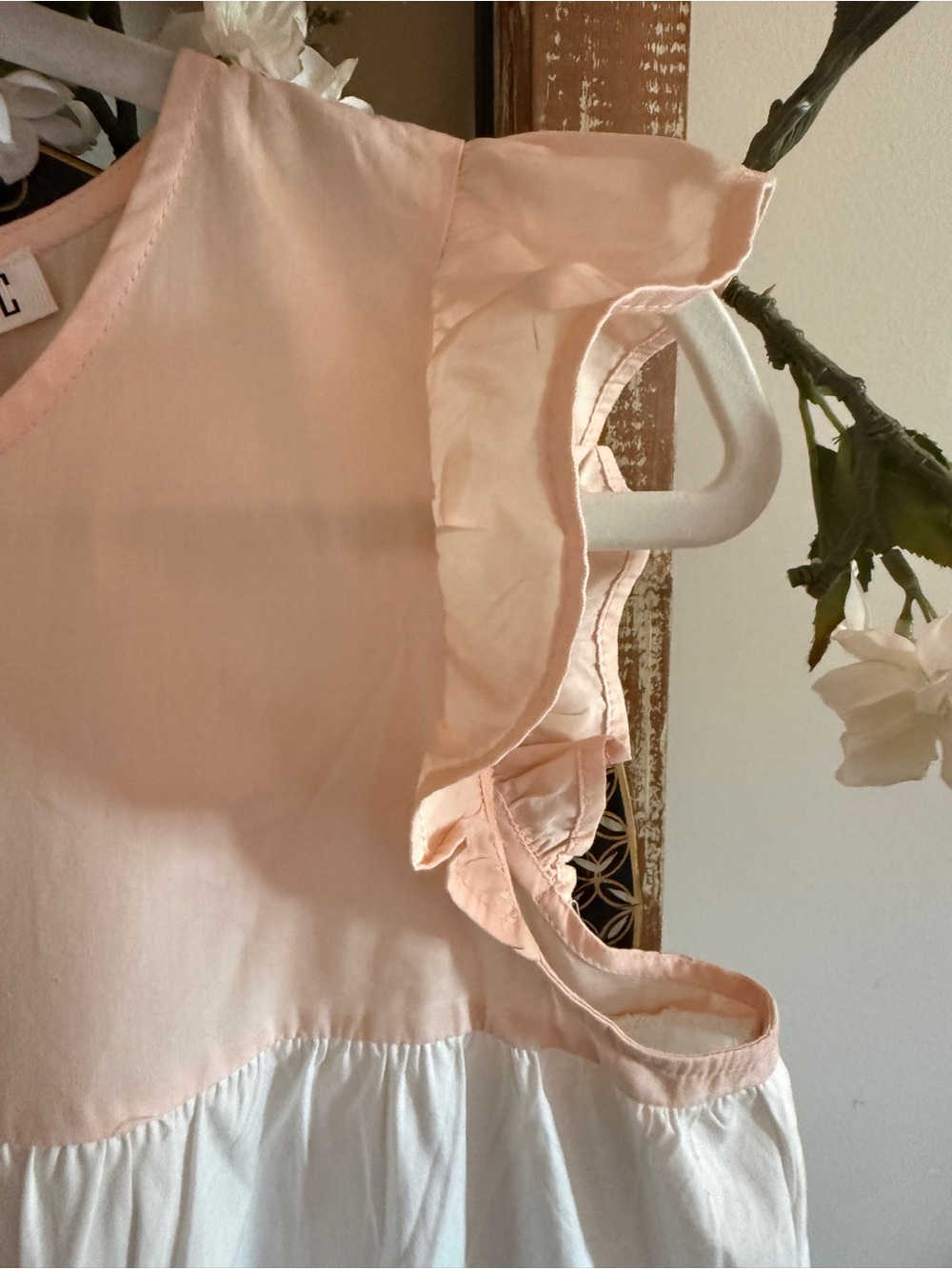 TCEC 100% Cotton Pink White Green Teal Colorblock Tiered Ruffle Sleeve Dress - Picture 7 of 9
